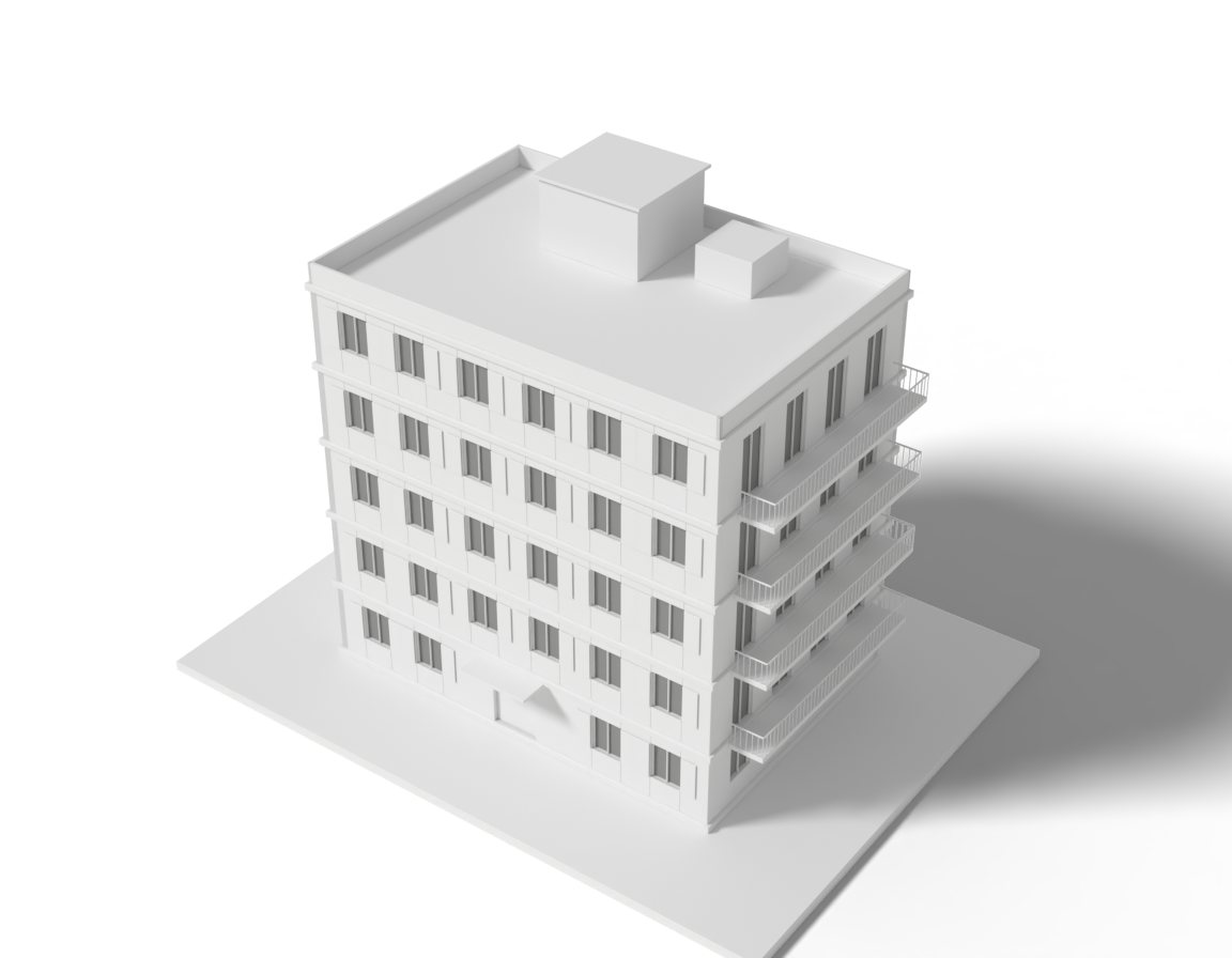 Il modello bianco di una palazzina di cinque piani, posato su una base.